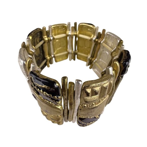 Chicos Womens Gold Tone & Black Statement Stretch Bracelet Unique Modern Design - Picture 1 of 5